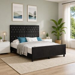 Reliable Black Bed Frame with Velvet Headboard 152 x 203 cm