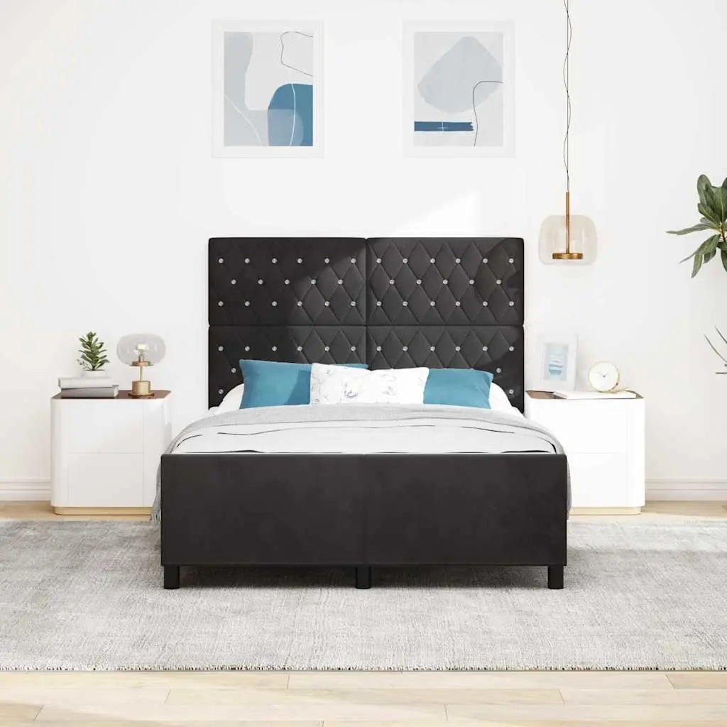 Black Bed Frame with Velvet Headboard 152 x 203 cm