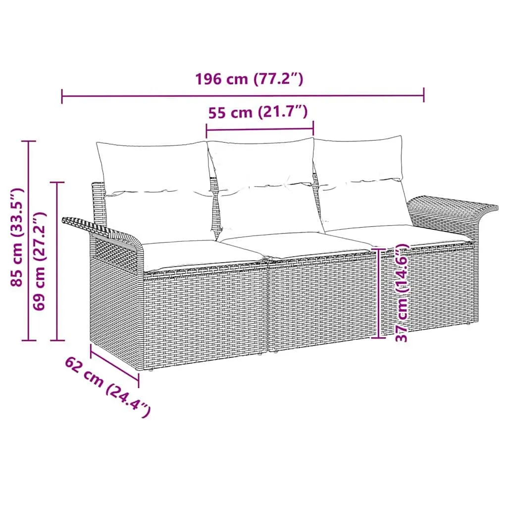 Outdoor Sofa Set Modular Seating 3 Pieces Grey Poly Rattan