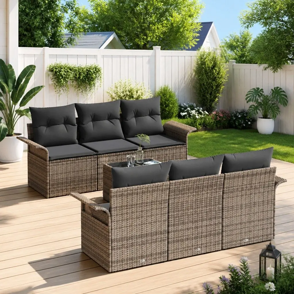 Garden Sofa Set 7 pcs Grey Poly Rattan Contemporary Outdoor Furniture Modular