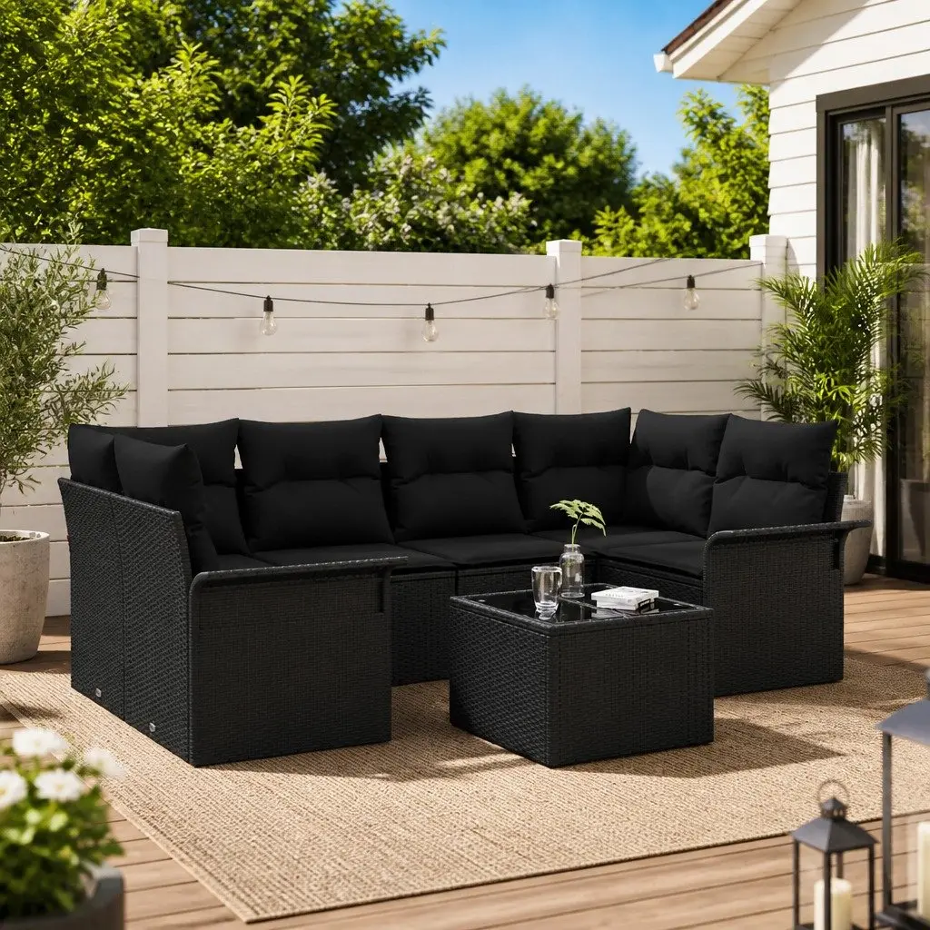 Garden Sofa Set Modular Outdoor Furniture 7 Pieces Black Rattan Lounge