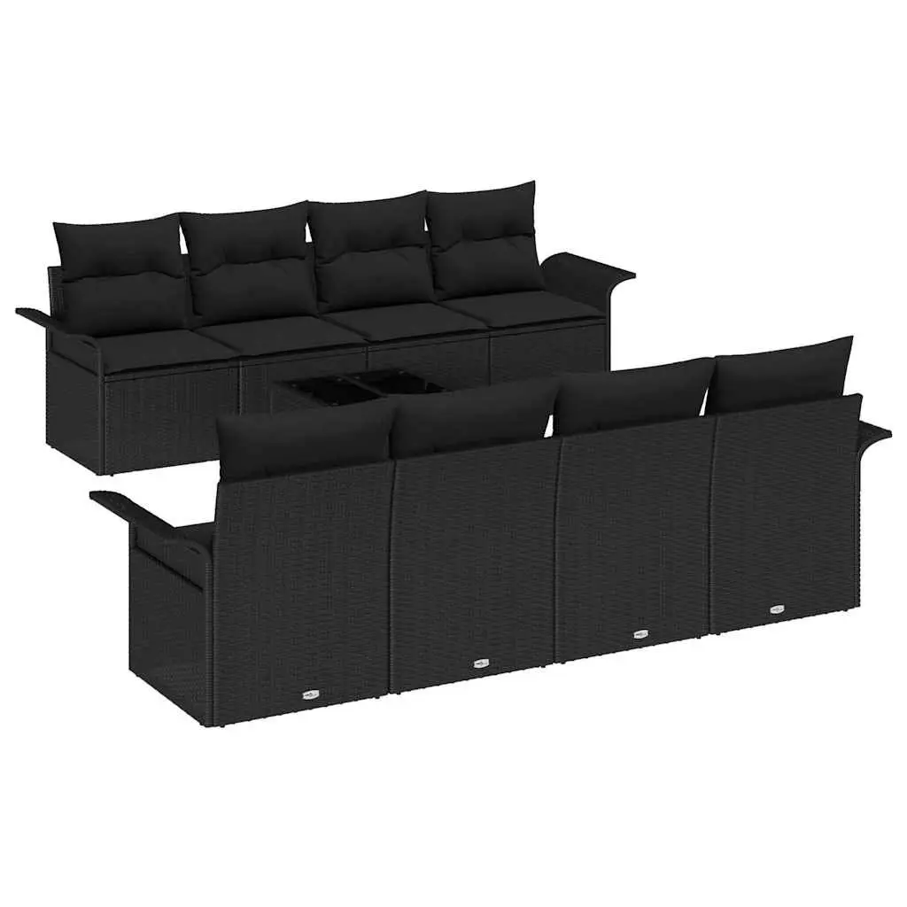 Garden Sofa Set 9 Pieces Black Poly Rattan Outdoor Furniture with Cushions