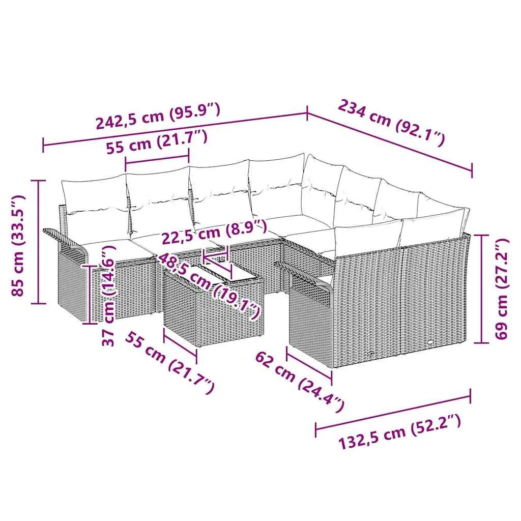 Garden Sofa Set Outdoor Furniture Modular Seating 9 Piece Grey Poly Rattan