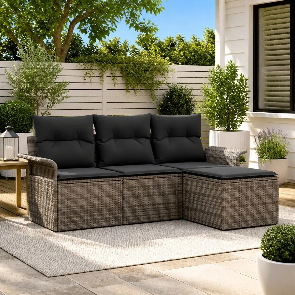 4 Piece Grey Poly Rattan Sofa Set for Outdoor Relaxation with Cushions Garden Patio Furniture