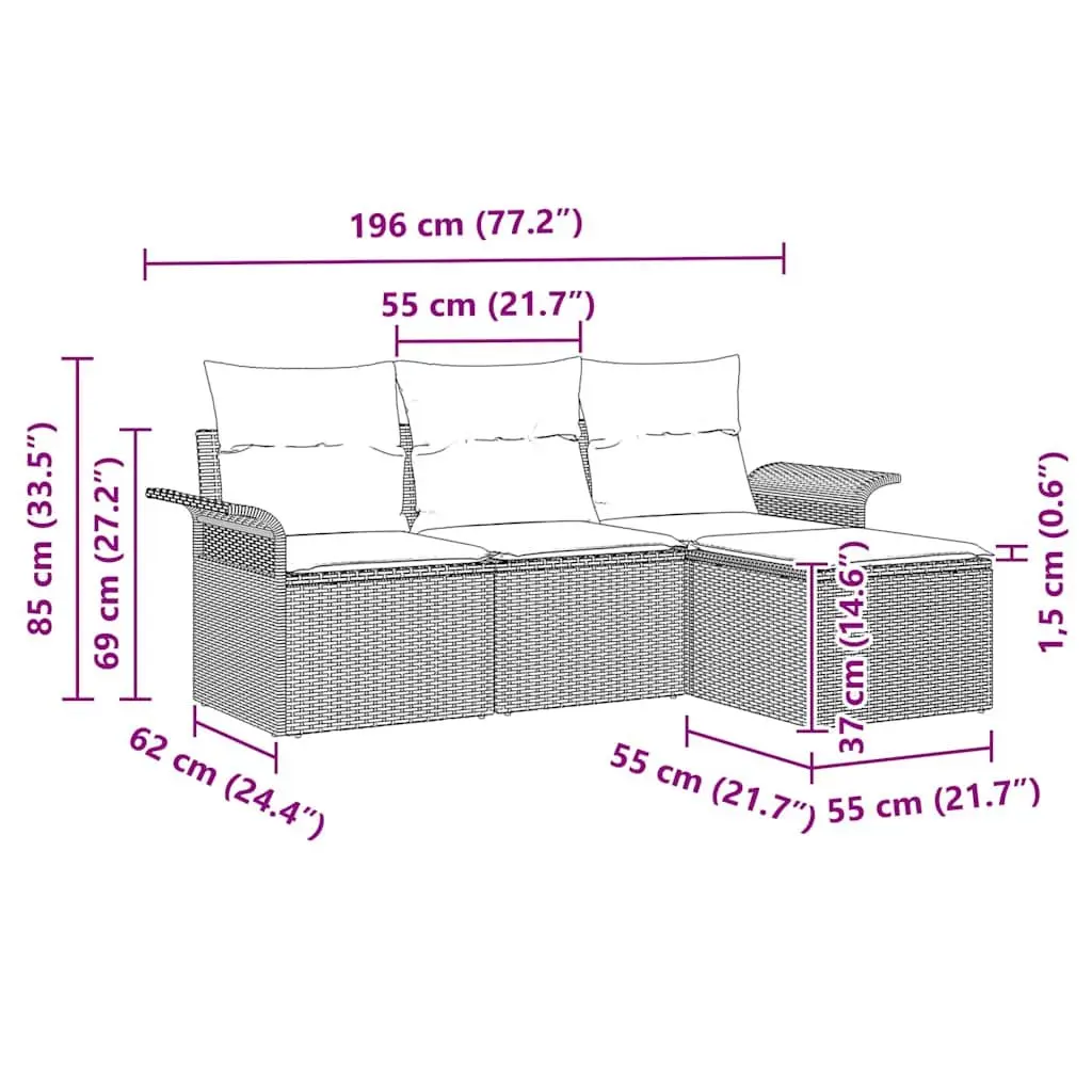 4 Piece Grey Poly Rattan Sofa Set for Outdoor Relaxation with Cushions Garden Patio Furniture