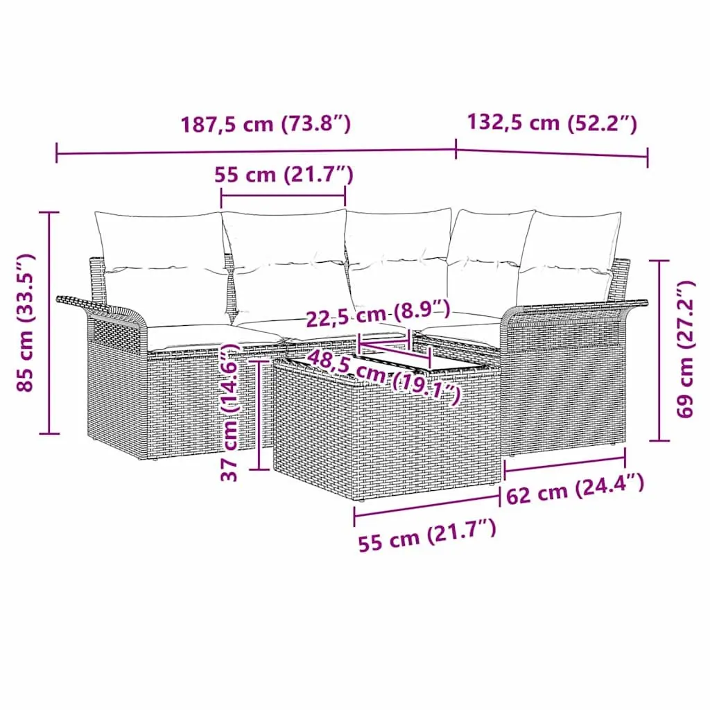 Garden Sofa Set 5 Piece Modular Outdoor Furniture Grey Poly Rattan