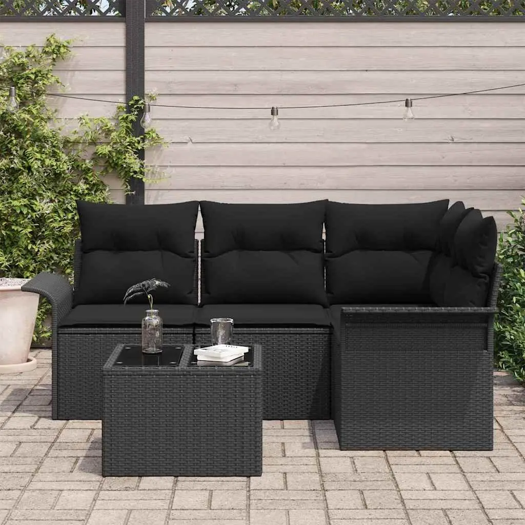 Outdoor Garden Sofa Set Modular Black Poly Rattan 5 Piece with Adjustable Tempered Glass Table