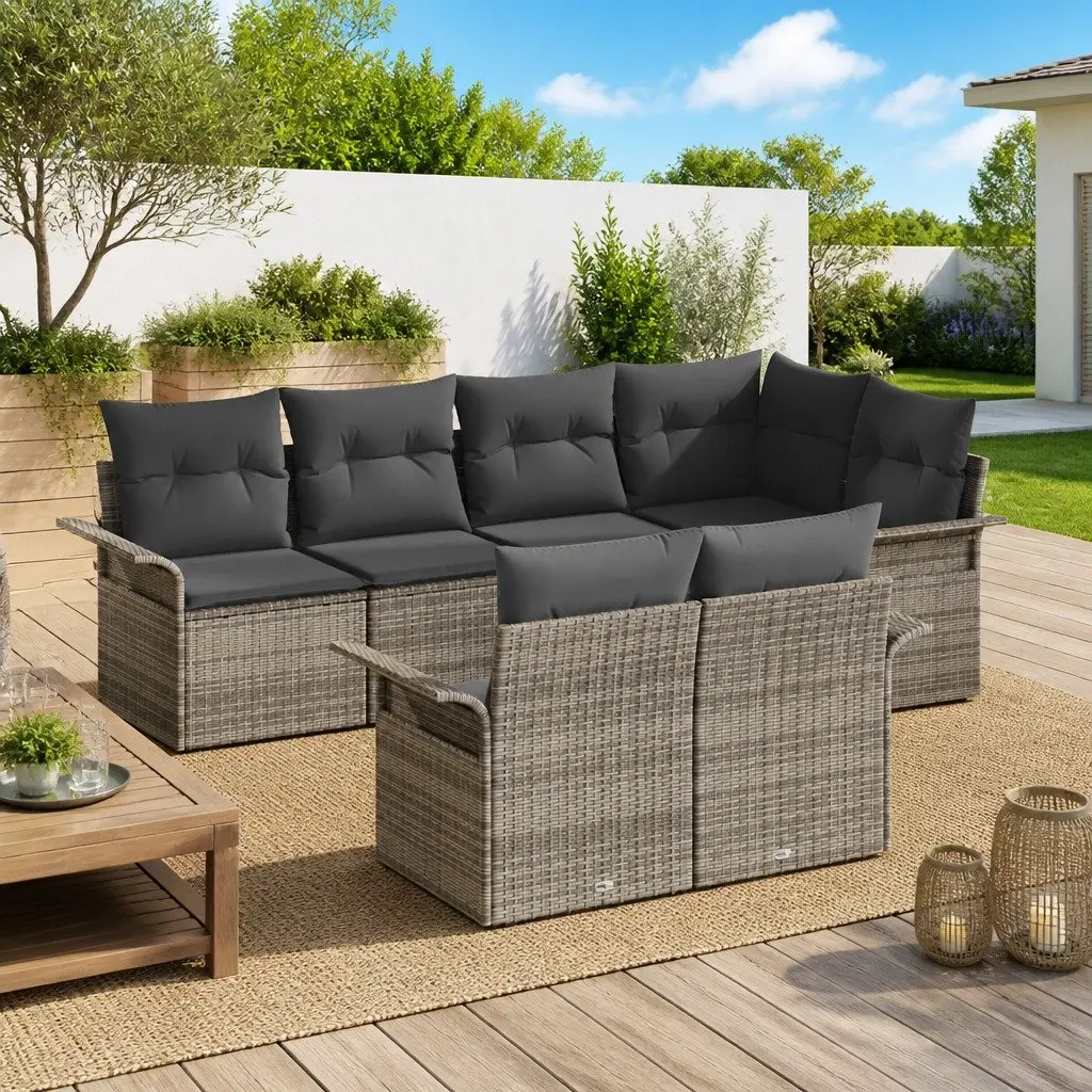 Garden Sofa Set Outdoor Furniture 7 Piece Grey Poly Rattan Patio Seating