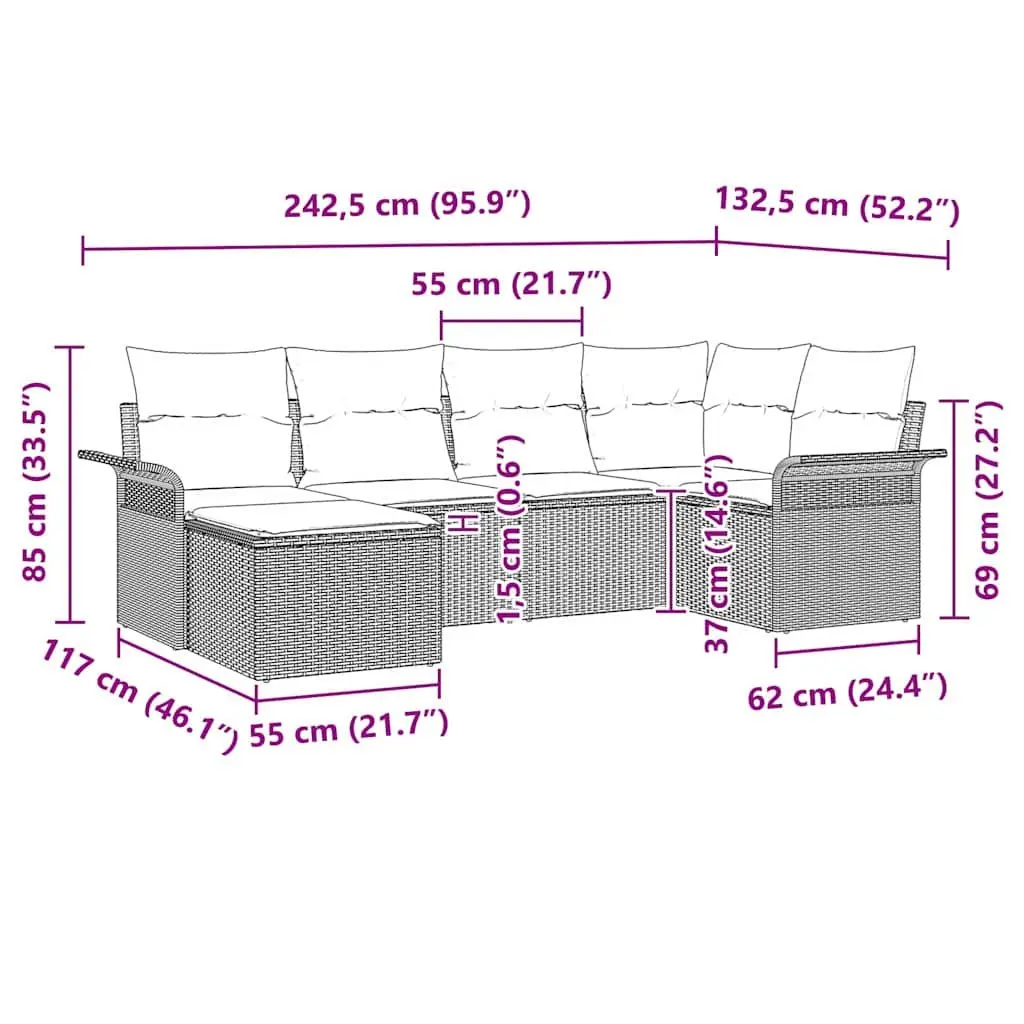 Grey Poly Rattan Garden Sofa Set Modular Outdoor Furniture 6 Piece with Storage