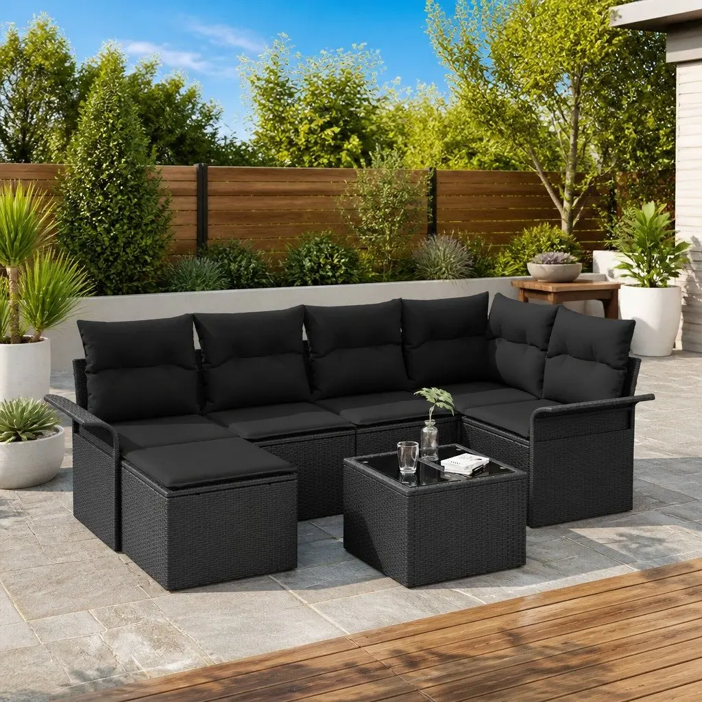 7-Piece Black Garden Sofa Set with Storage