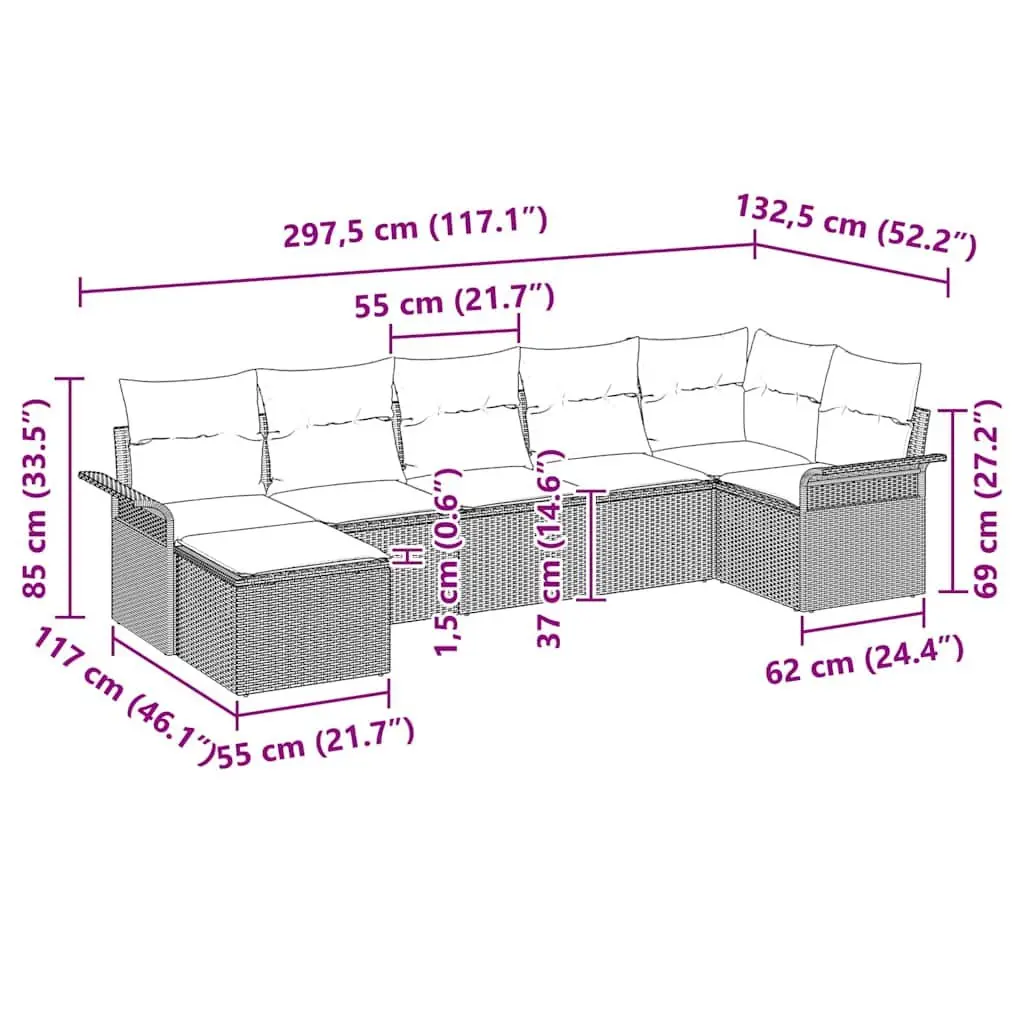 Outdoor Furniture Set 7 Piece Grey Poly Rattan Garden Sofa with Cushions