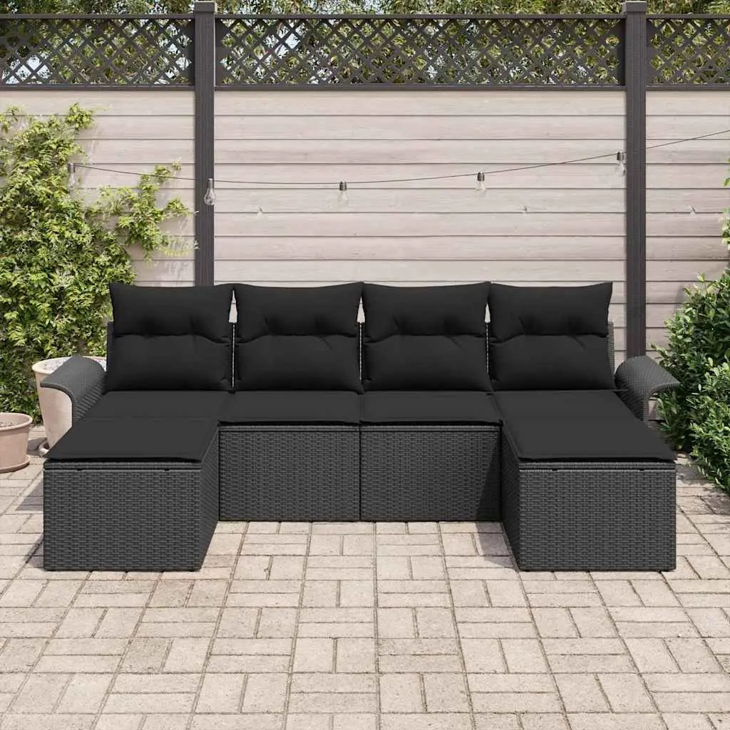 Outdoor Garden Sofa Set 6 Piece Black Poly Rattan Patio Furniture with Cushions