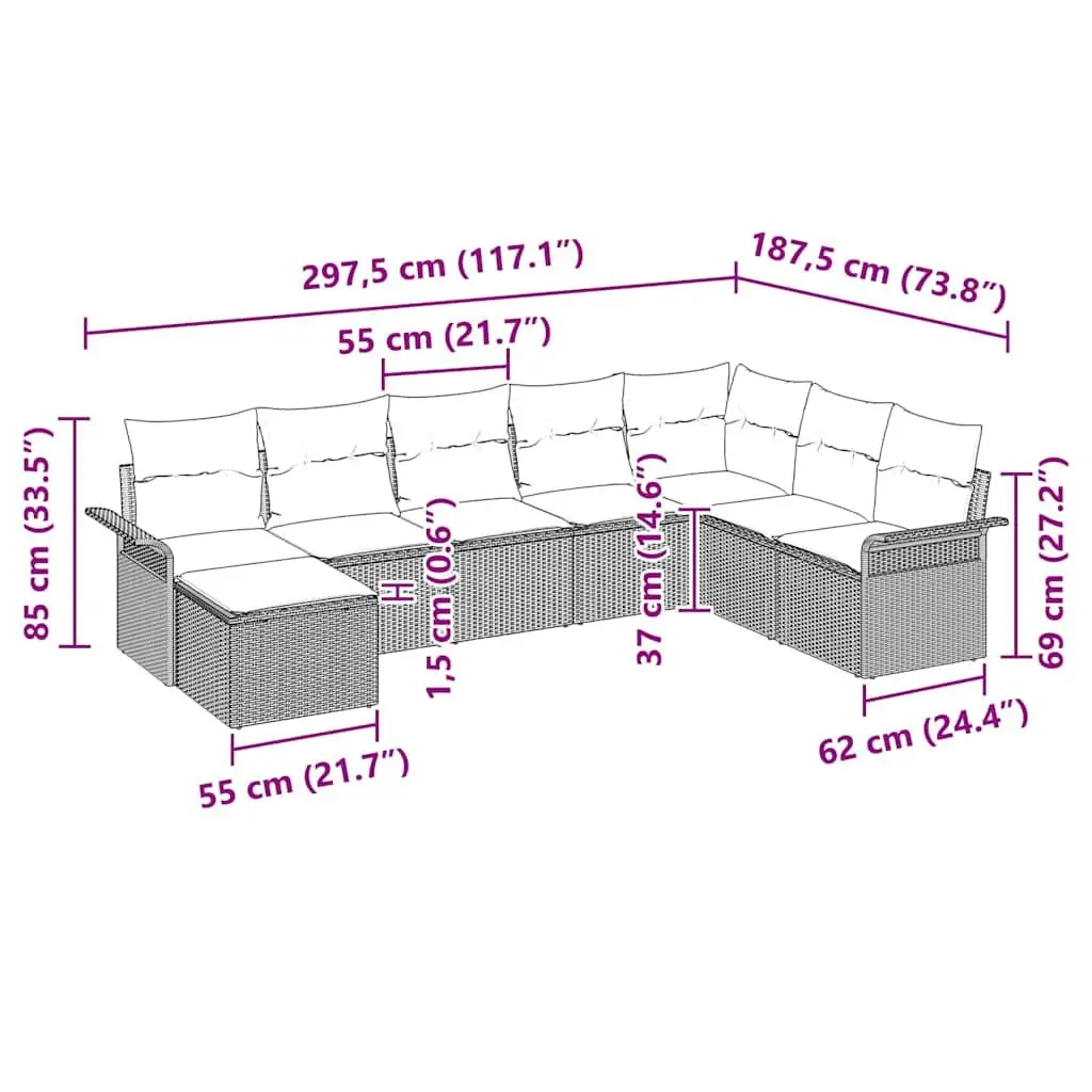 Modular Garden Sofa Set Outdoor Furniture Grey Poly Rattan with Cushions 8 Piece