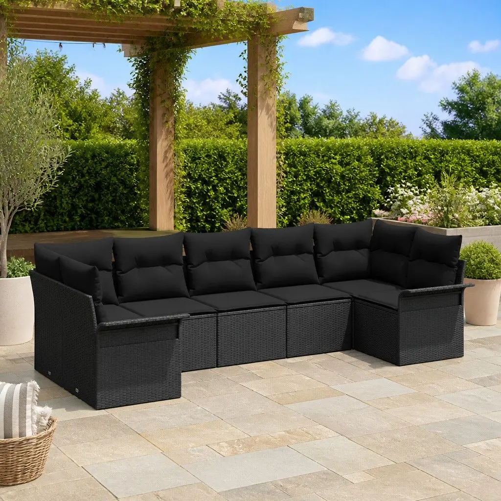 Modular Outdoor Sofa Set for Gardens 7 Pieces Black Poly Rattan with Cushions and Tempered Glass Table