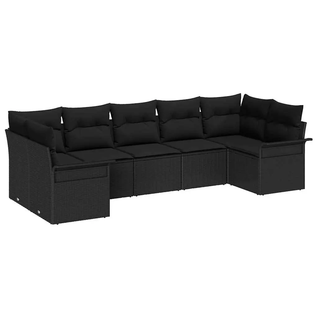 Modular Outdoor Sofa Set for Gardens 7 Pieces Black Poly Rattan with Cushions and Tempered Glass Table