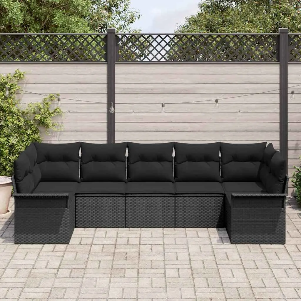 Modular Outdoor Sofa Set for Gardens 7 Pieces Black Poly Rattan with Cushions and Tempered Glass Table