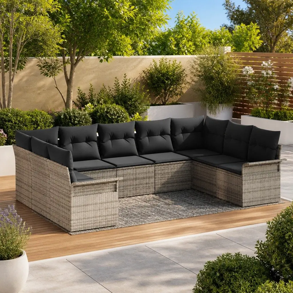 Garden Sofa Set Outdoor Furniture Grey Poly Rattan Cushion Tempered Glass