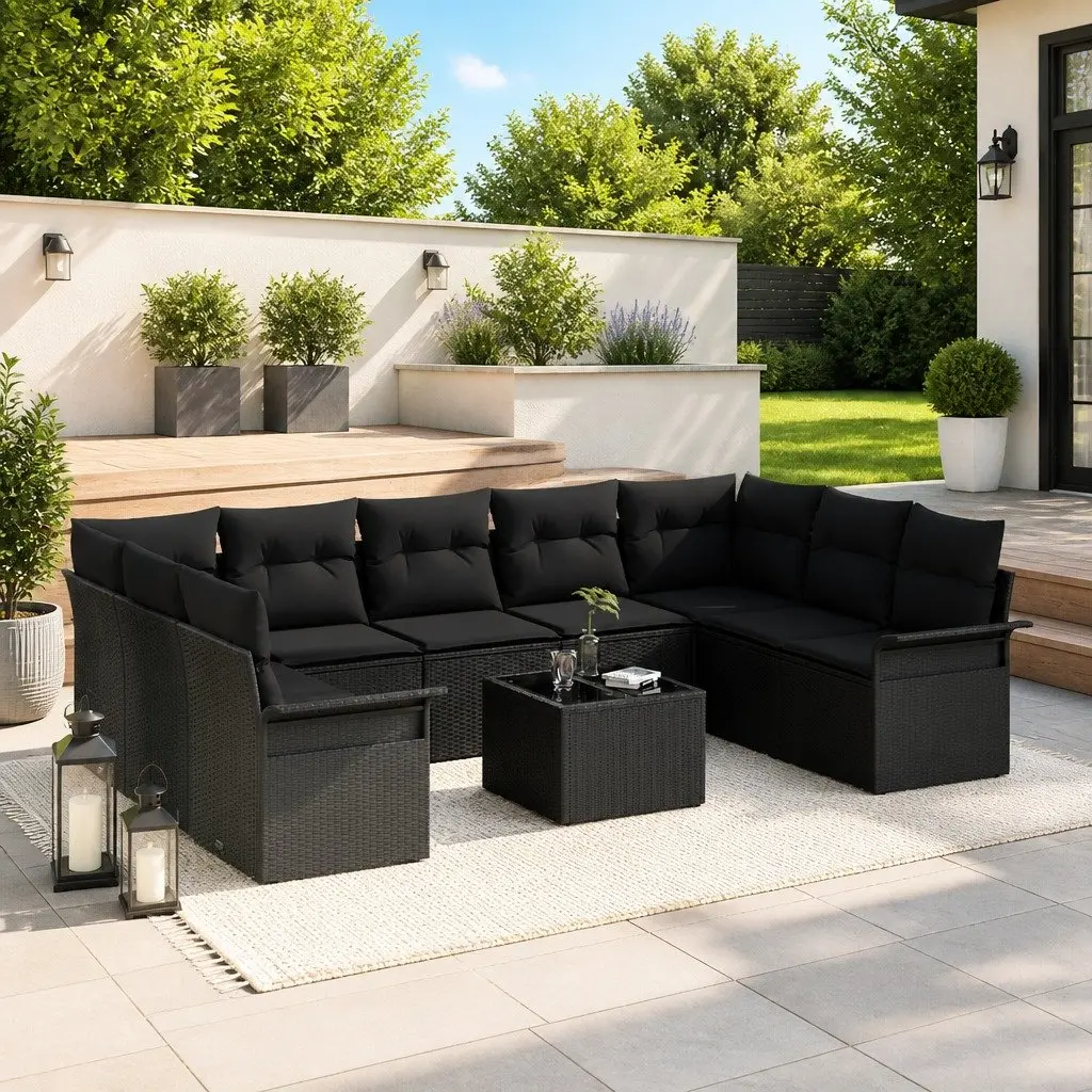 Garden Sofa Set 10 Piece Black Poly Rattan Outdoor Furniture