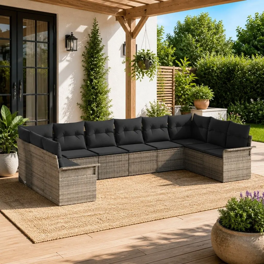 Garden Sofa Set 10 Piece Outdoor Furniture Modular Poly Rattan Grey Patio Lounge Seating