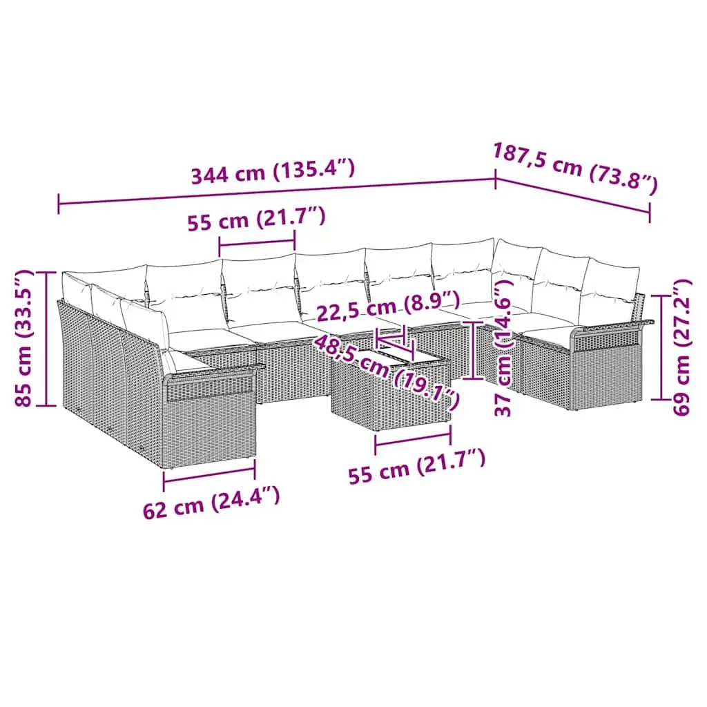 Garden Sofa Set 11 Pieces Modular Outdoor Furniture Black Poly Rattan Patio Lounge
