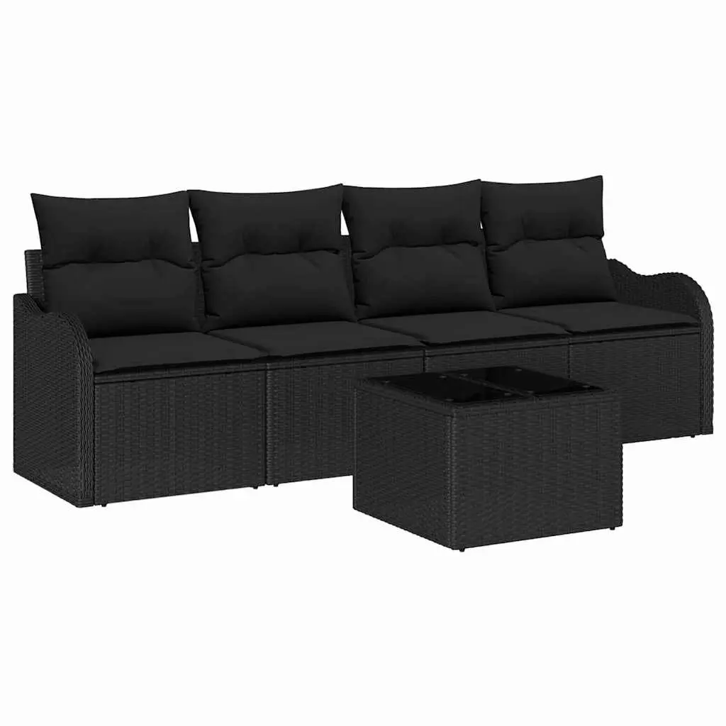 Modular Garden Sofa Set Outdoor Lounge Seating Black Poly Rattan with Tempered Glass Table