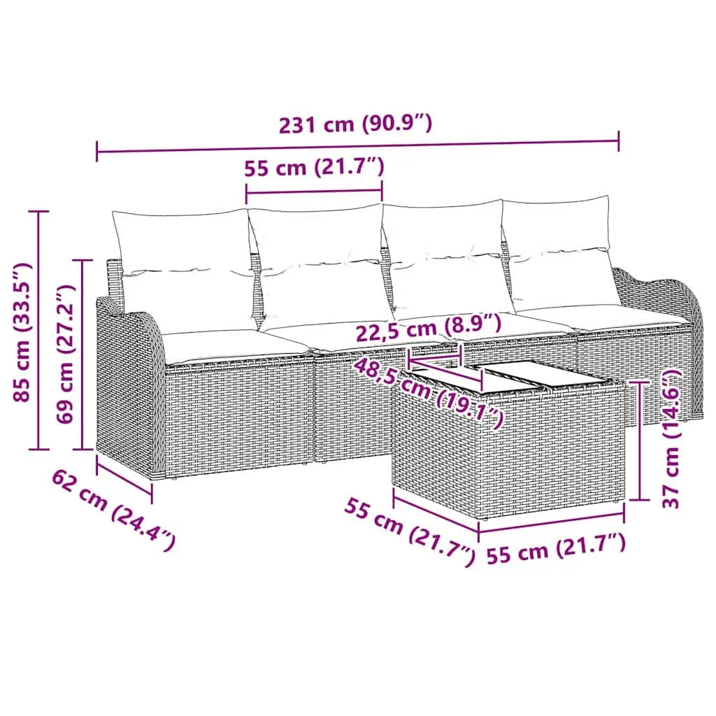 Modular Garden Sofa Set Outdoor Lounge Seating Black Poly Rattan with Tempered Glass Table