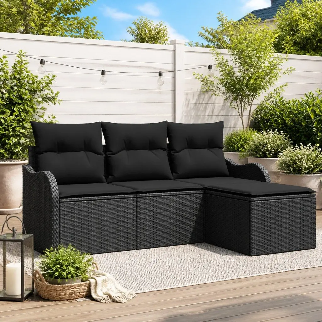 Modular Outdoor Sofa Set 4pc Garden Furniture Black Poly Rattan with Glass Table