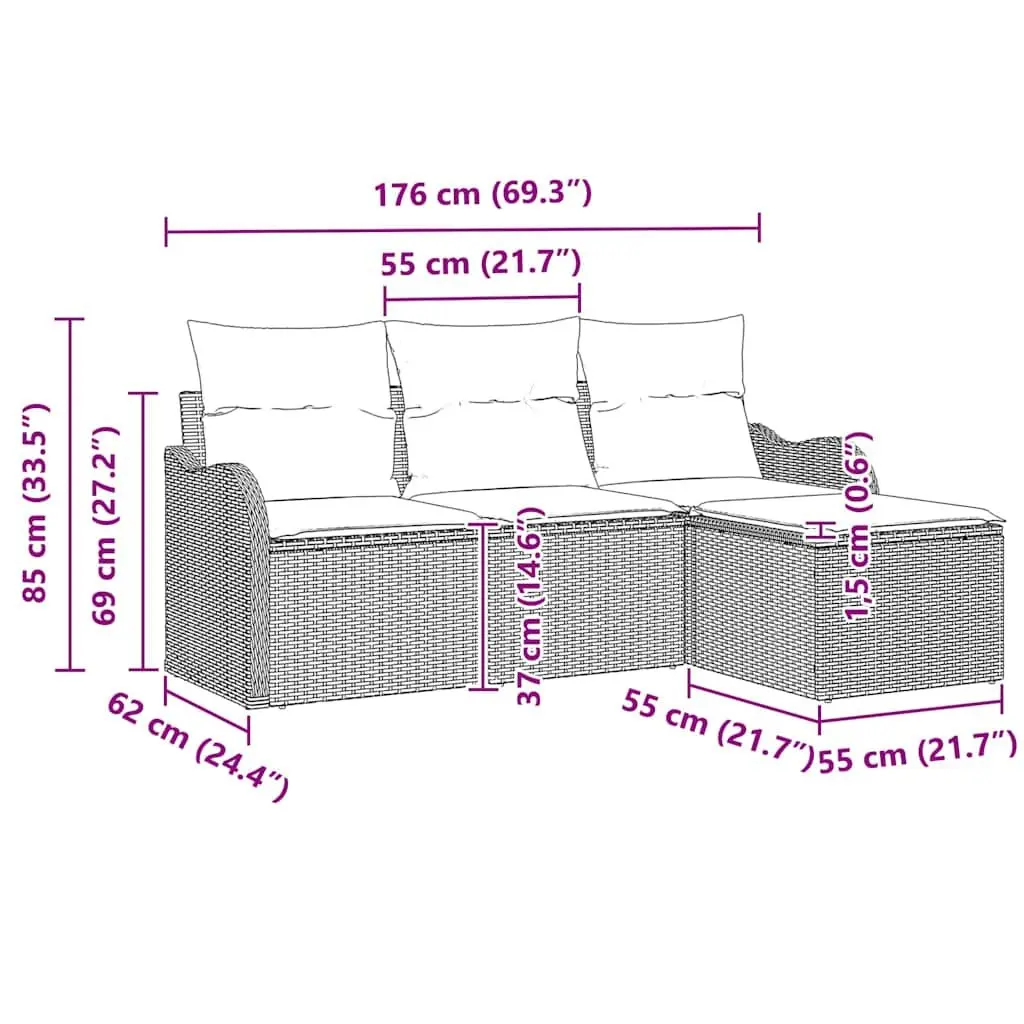 Modular Outdoor Sofa Set 4pc Garden Furniture Black Poly Rattan with Glass Table