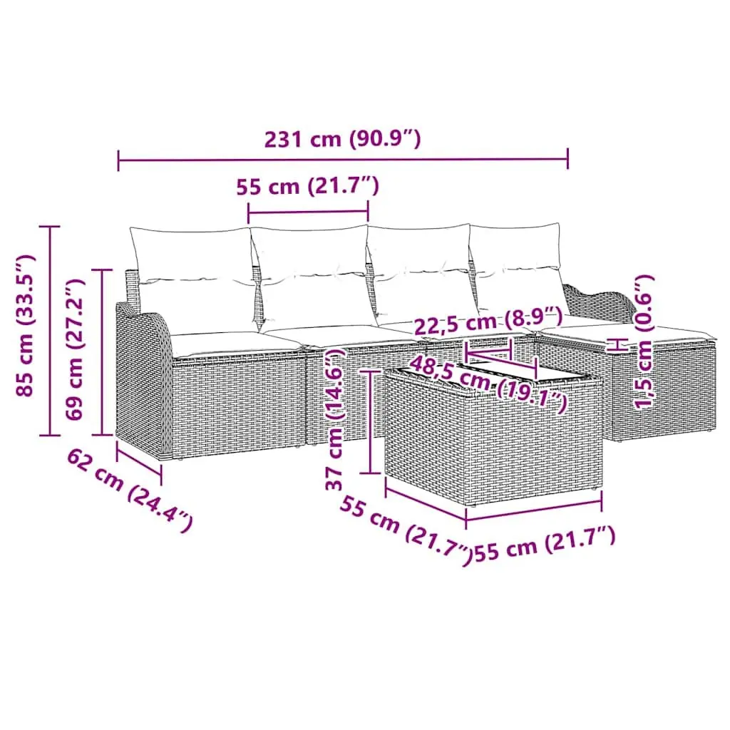 Garden Sofa Set 6 Pcs Grey Poly Rattan Outdoor Furniture Modular Patio Seating