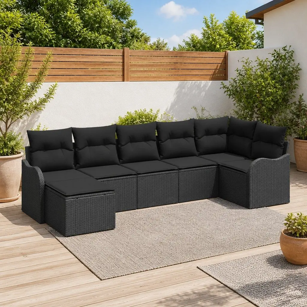 Outdoor Garden Sofa Set 7 Pieces Black Poly Rattan Patio Furniture Sectional