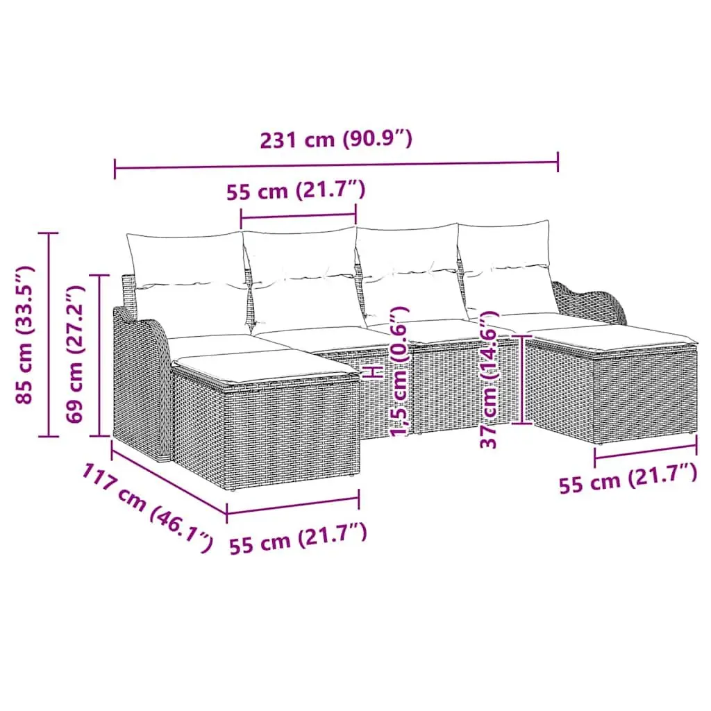 Garden Sofa Set Modular Outdoor Furniture 6 Pieces Black Poly Rattan