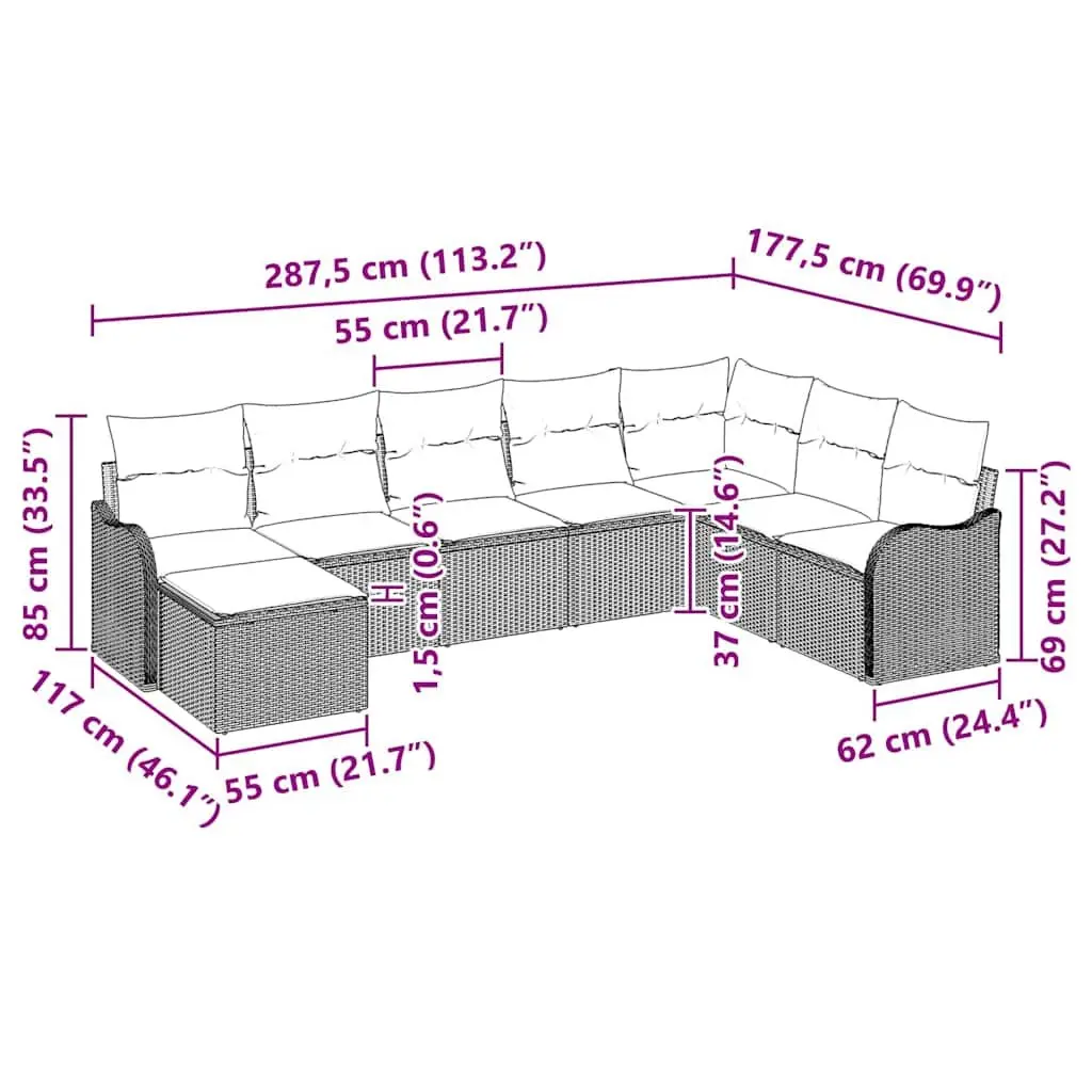 Outdoor Garden Sofa Set 8 Pcs Grey Poly Rattan Patio Furniture with Cushions