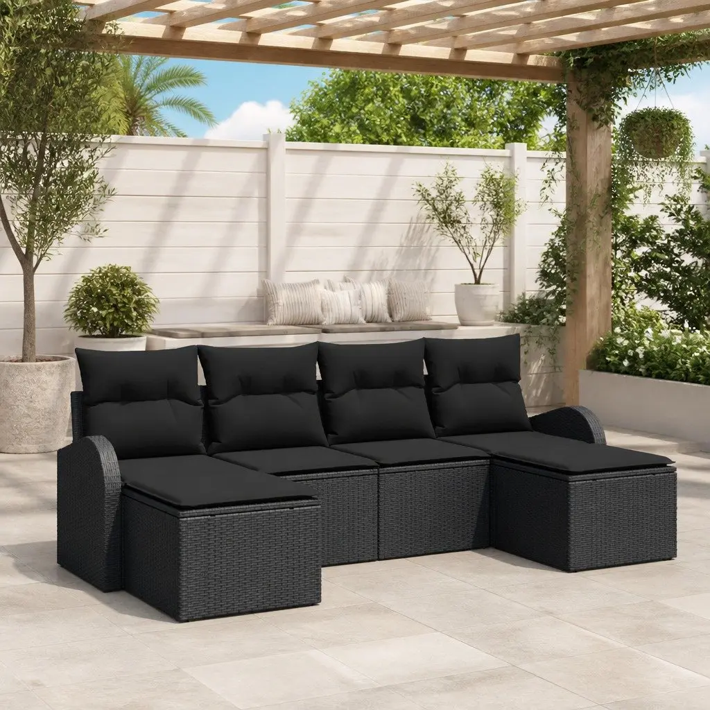 Modular Outdoor Sofa Set 6 Piece Poly Rattan Black Cushioned Patio Lounge