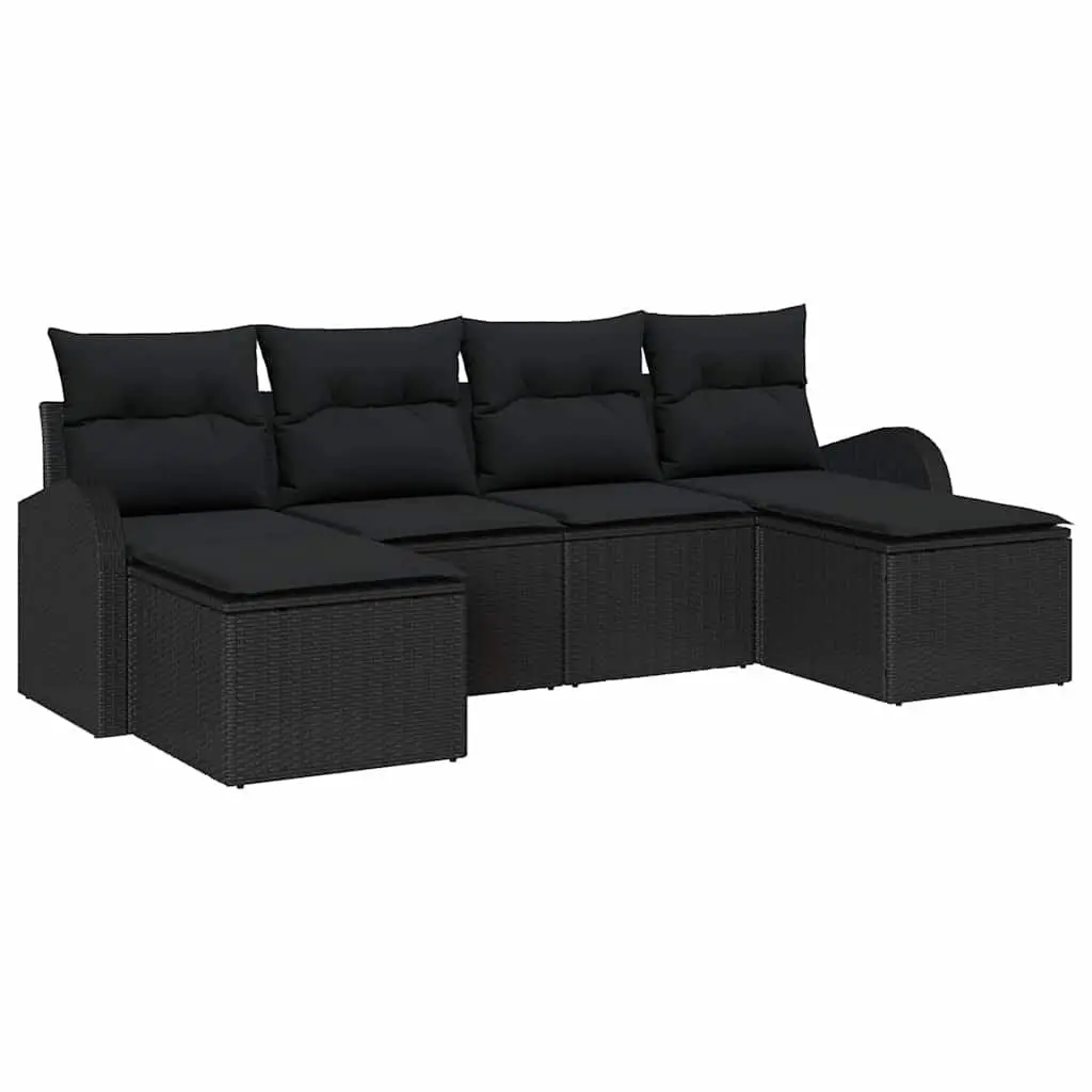 Modular Outdoor Sofa Set 6 Piece Poly Rattan Black Cushioned Patio Lounge