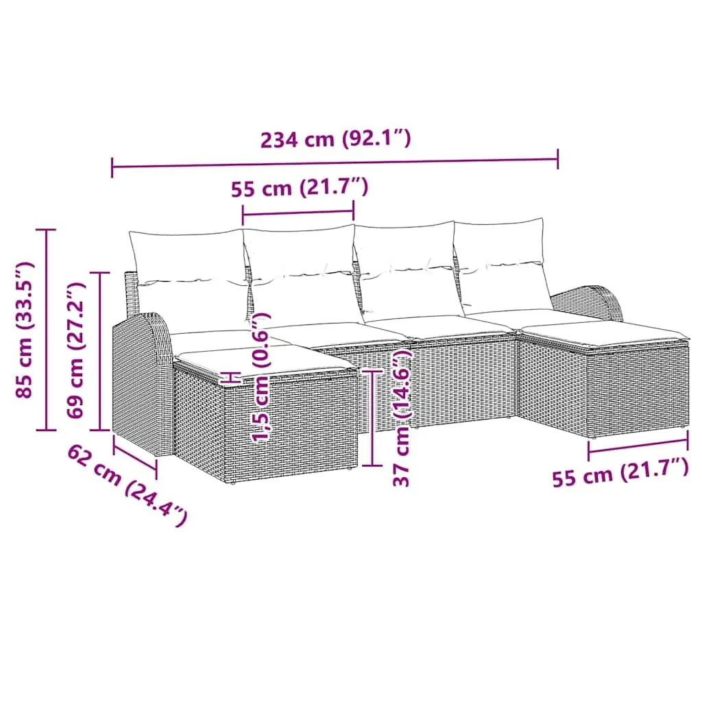 Modular Outdoor Sofa Set 6 Piece Poly Rattan Black Cushioned Patio Lounge