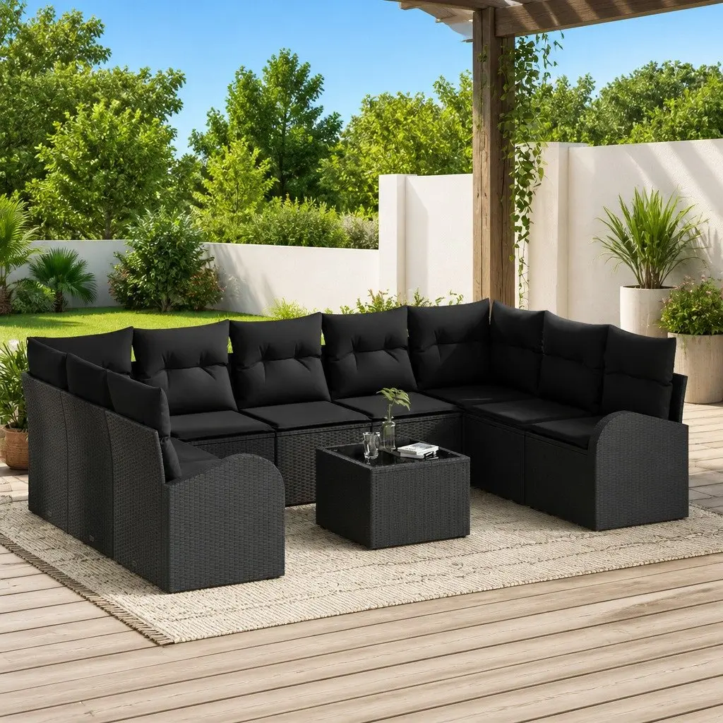 Modular Outdoor Sofa Set Garden Furniture Black Poly Rattan Seating 10 Piece