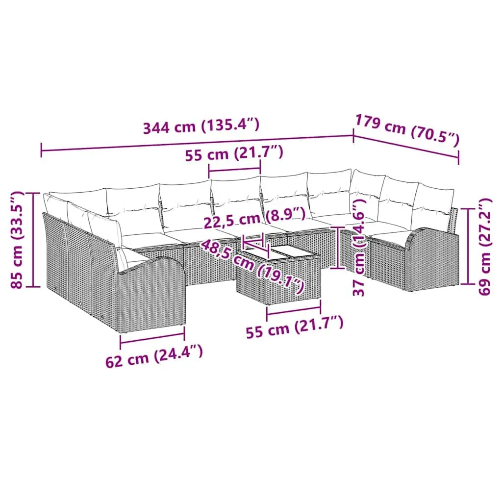 11 Piece Outdoor Garden Sofa Set Poly Rattan Black Patio Furniture Cushions