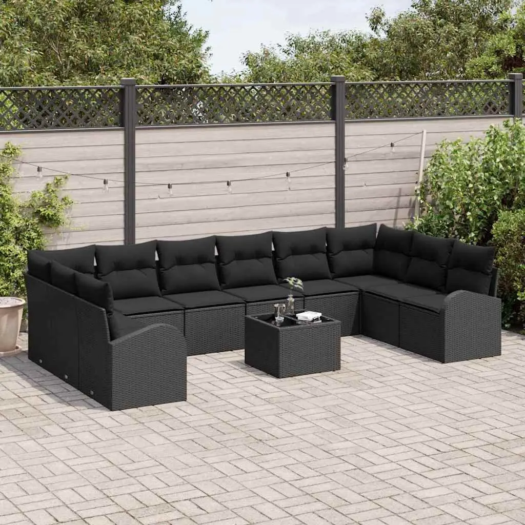 11 Piece Outdoor Garden Sofa Set Poly Rattan Black Patio Furniture Cushions