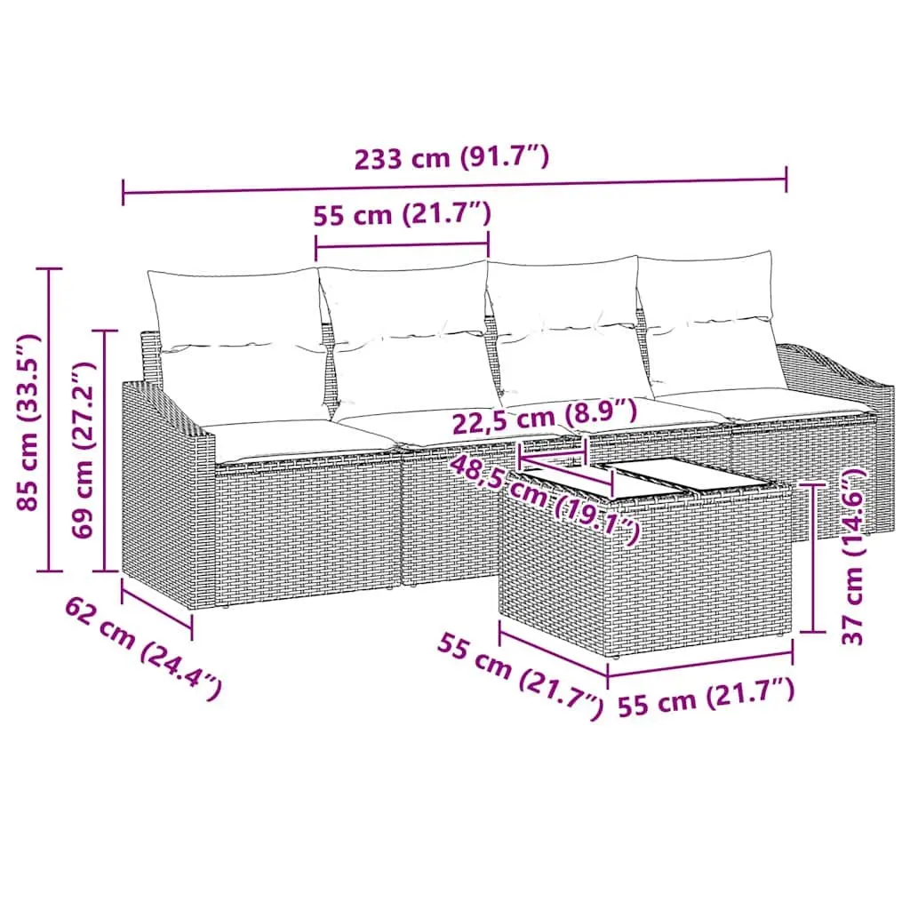 Outdoor Sofa Set 5 Pieces Black Poly Rattan Garden Patio Furniture with Cushions