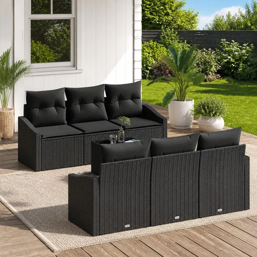 Outdoor Sofa Set 7 Piece Black Poly Rattan Garden Furniture with Cushions Table