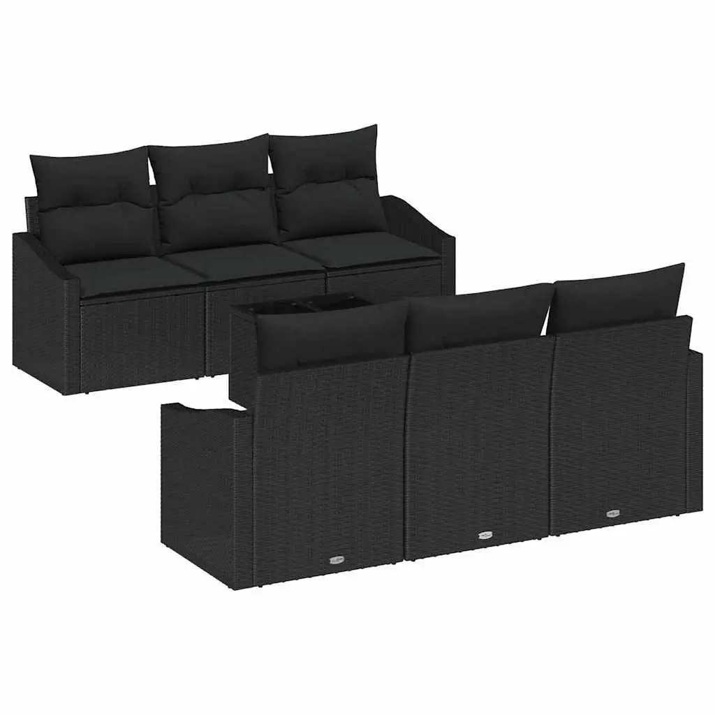 Outdoor Sofa Set 7 Piece Black Poly Rattan Garden Furniture with Cushions Table