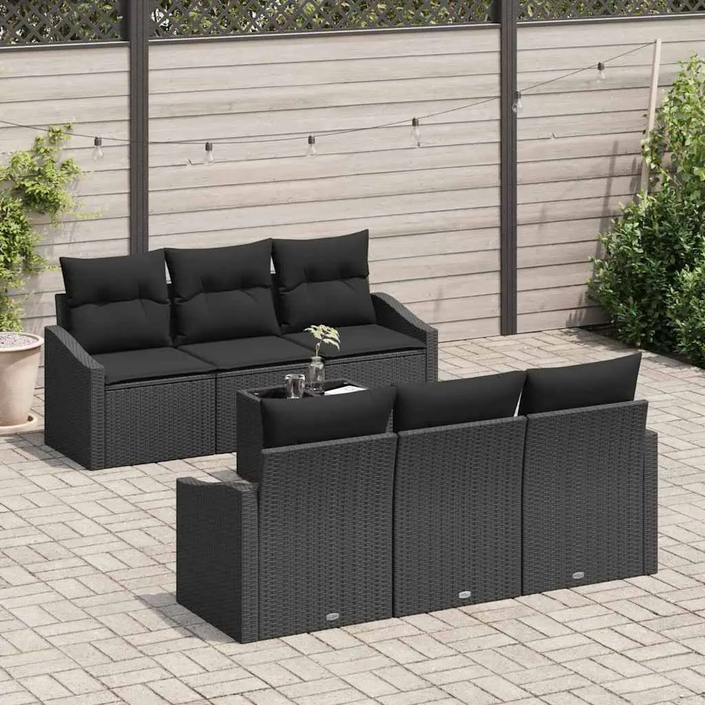 Outdoor Sofa Set 7 Piece Black Poly Rattan Garden Furniture with Cushions Table