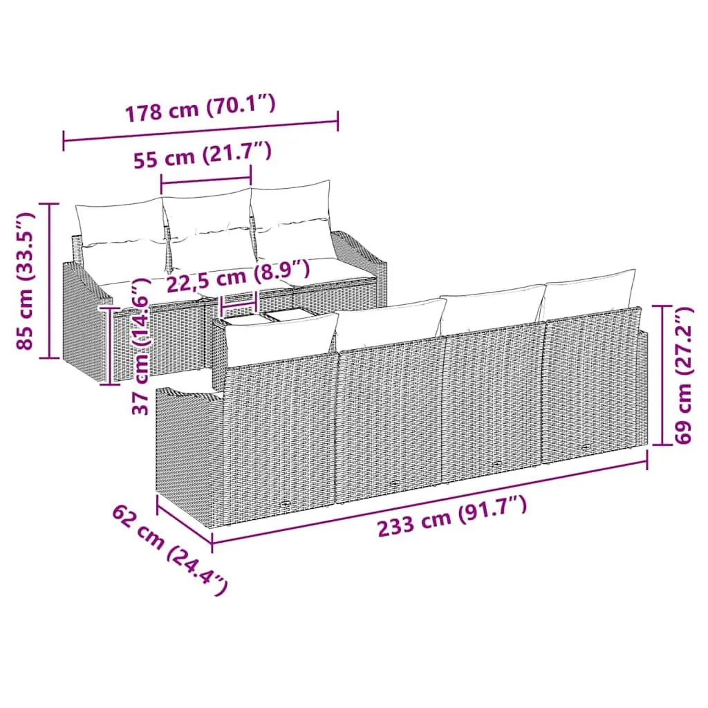 Modular Outdoor Sofa Set 8 Piece Lounge Seating Grey with Cushions and Pillows