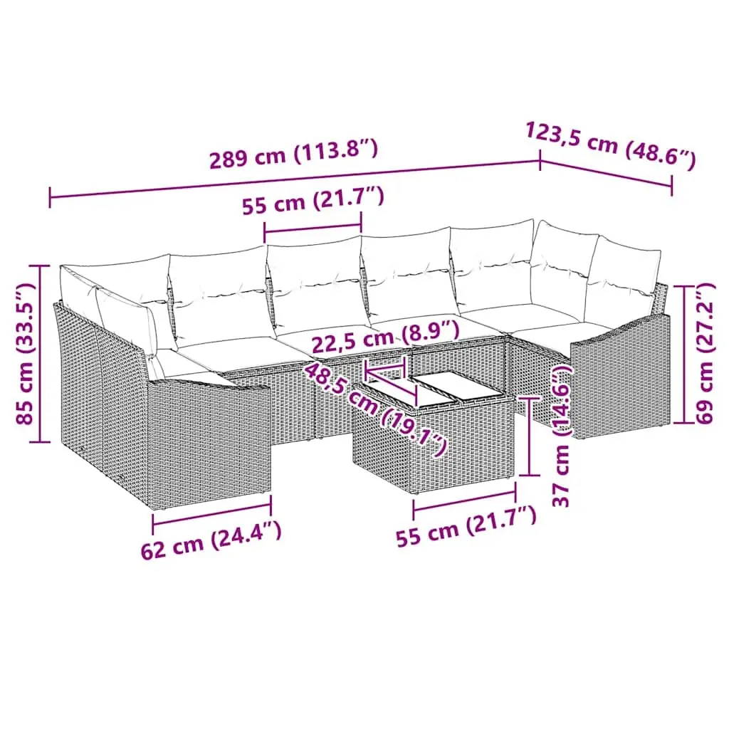 Outdoor Sofa Set Grey Poly Rattan Garden Furniture with Cushions Adjustable