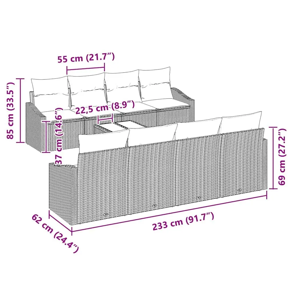 Outdoor Sofa Set Grey Poly Rattan Garden Furniture 9 Pieces