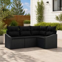 Outdoor Sofa Set 4 Pieces Black Poly Rattan Garden Patio Furniture with Cushions