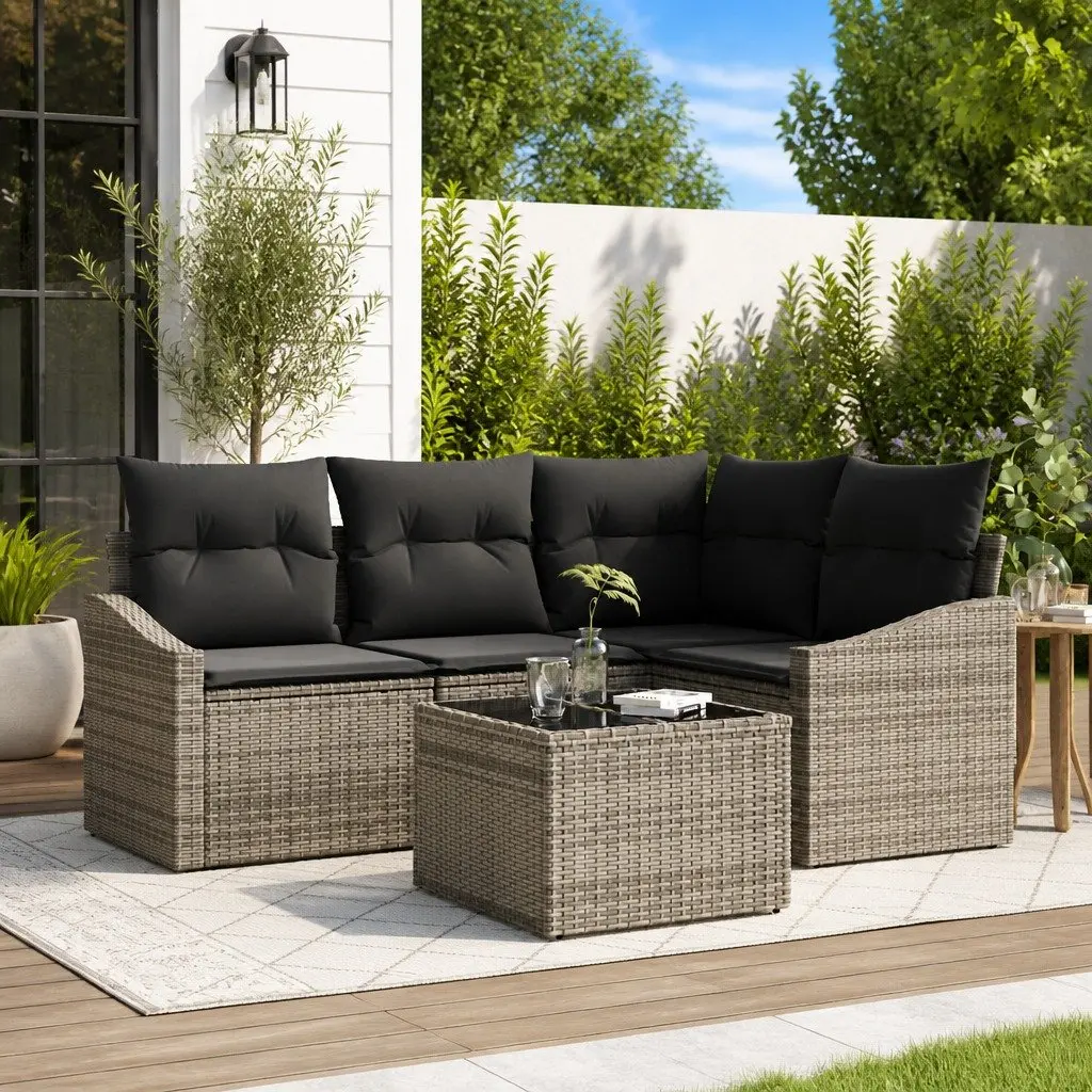 5 Piece Outdoor Sofa Set Grey Poly Rattan Garden Furniture Patio Sectional