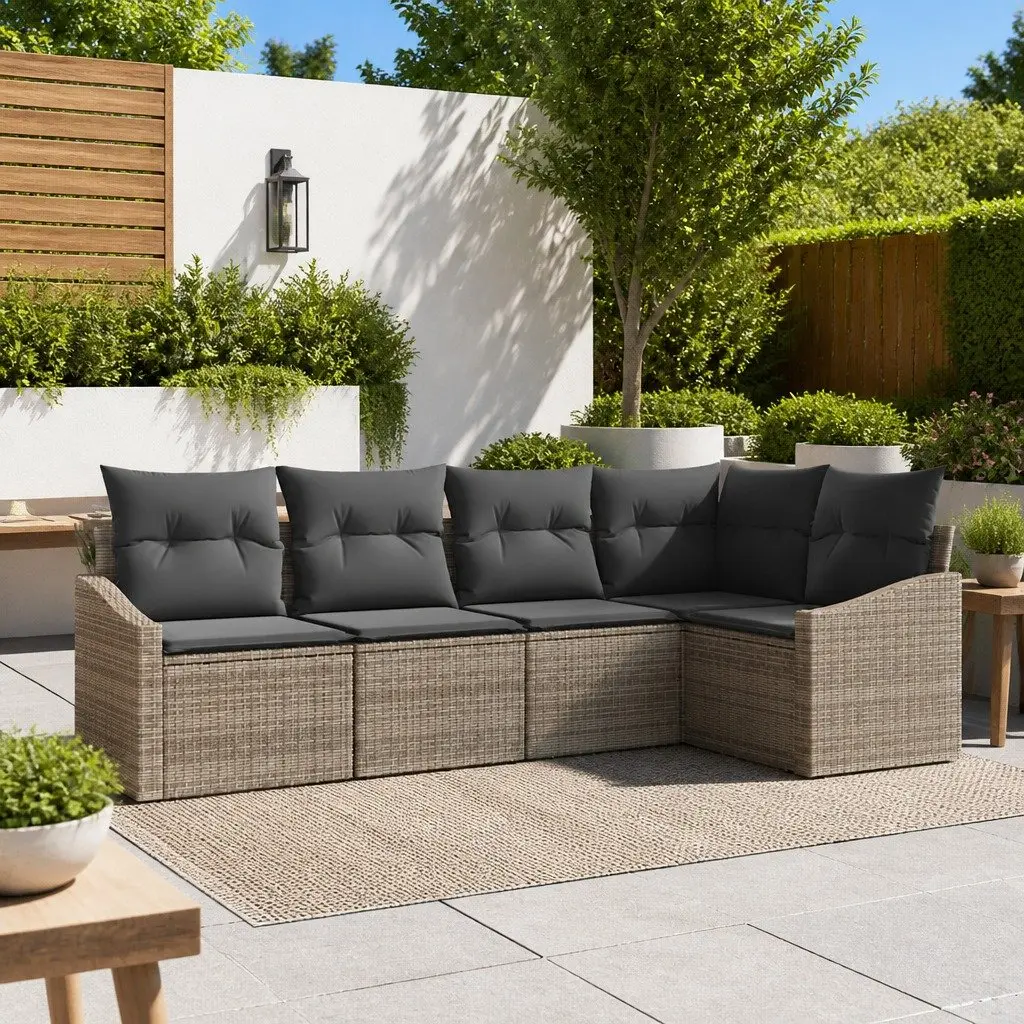 Outdoor Sofa Set 5 Piece Grey Rattan Patio Lounge with Storage
