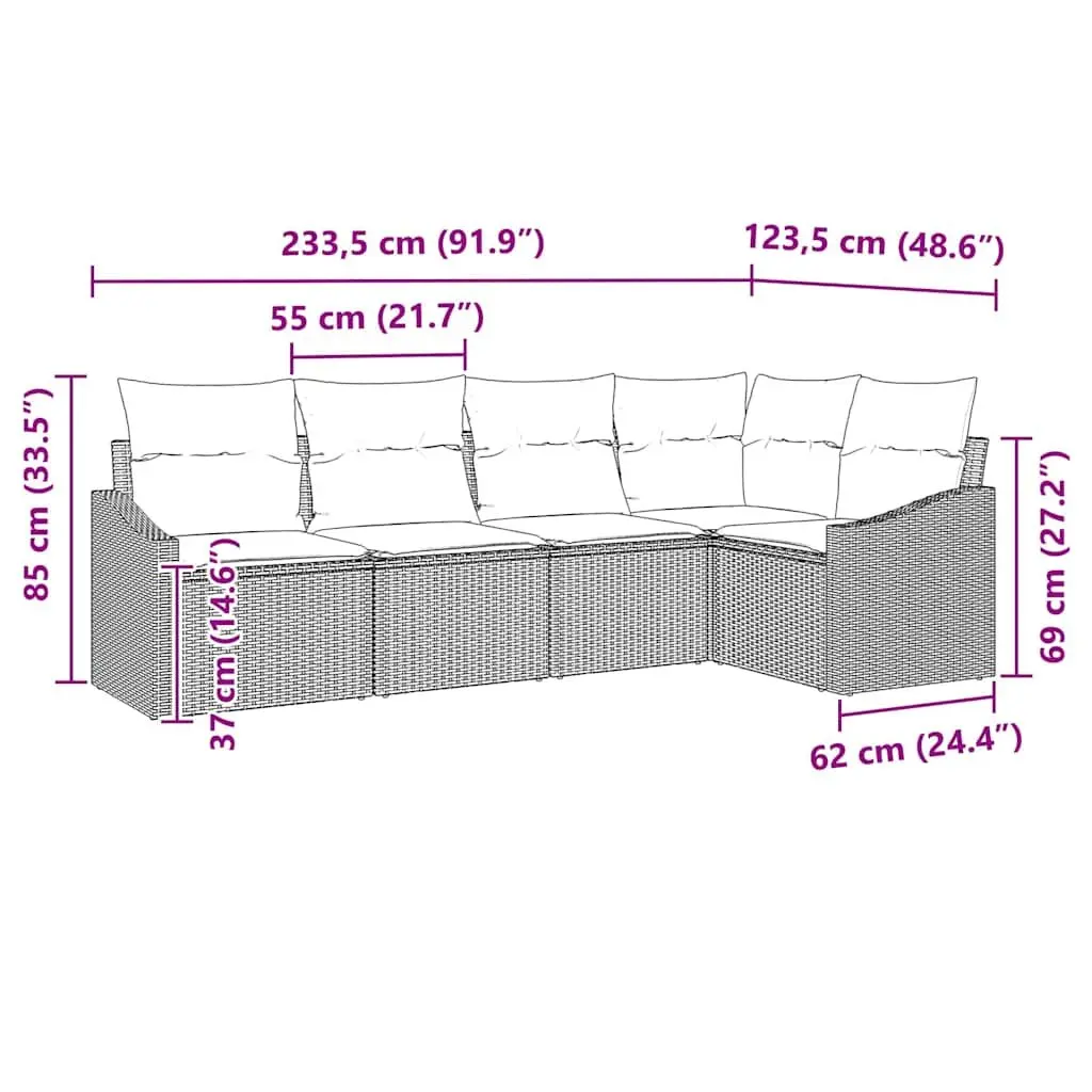Outdoor Sofa Set 5 Piece Grey Rattan Patio Lounge with Storage