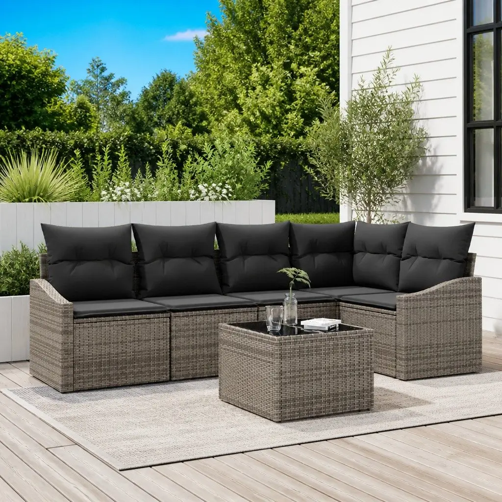 Garden Sofa Set 6 Pieces Grey Outdoor Patio Furniture Poly Rattan Lounge Suite